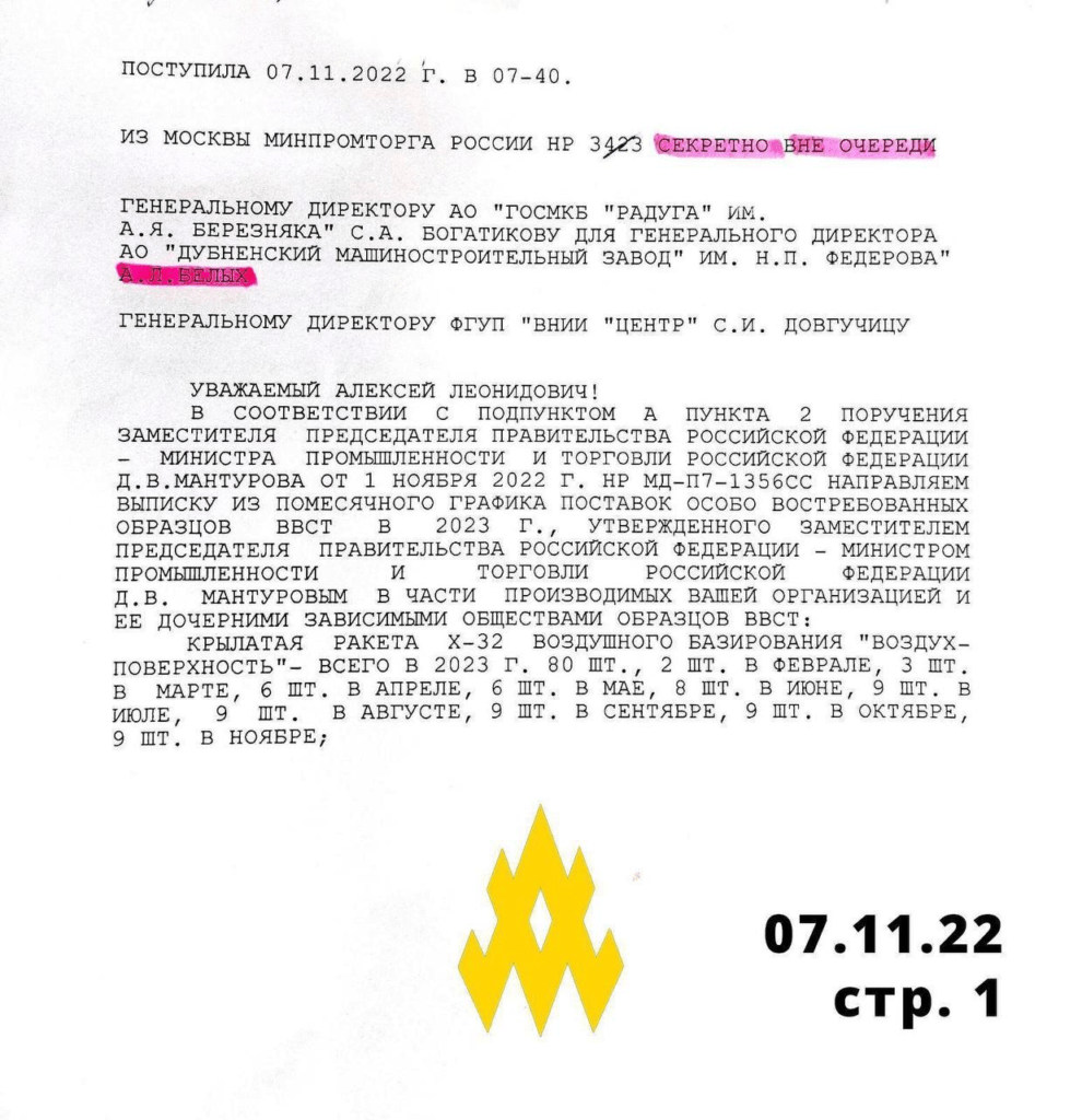 Українські партизани оприлюднили таємні документи щодо виробництва ракет у РФ (фото) 5 Українські партизани оприлюднили таємні документи щодо виробництва ракет у РФ (фото)