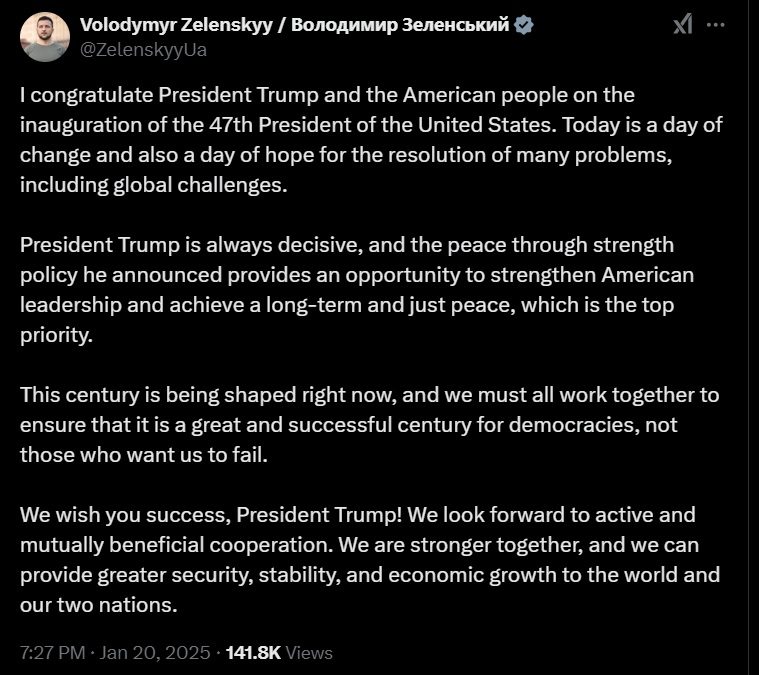 Зеленський привітав Трампа з поверненням на посаду президента США 3 Зеленський привітав Трампа з поверненням на посаду президента США