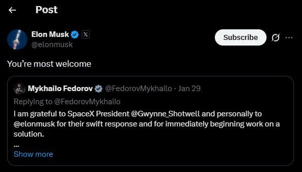 Илон Маск отреагировал на обращение Федорова по Starlink в российских дронах 3 Илон Маск отреагировал на обращение Федорова по Starlink в российских дронах
