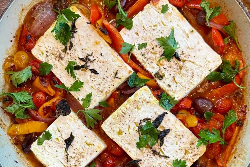 Греческая закуска с запеченной фетой и овощами