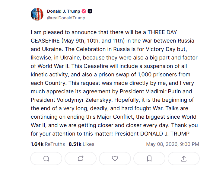 Трамп заявил о трехдневном прекращении огня между Украиной и Россией