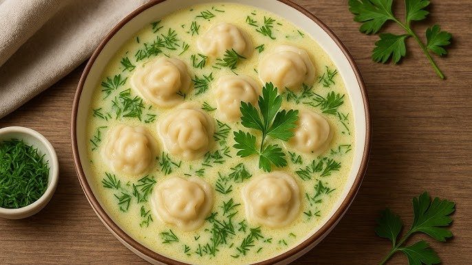 Сливочный суп с пельменями